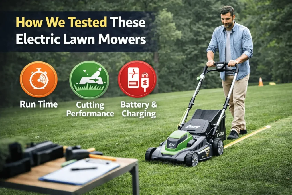 How We Tested These Electric Lawn Mowers
Before diving into individual reviews, it's worth explaining our evaluation methodology. Each mower in this guide was assessed across six core criteria:
Cutting Performance: We mowed both level turf and uneven terrain, testing in mulching, bagging, and side-discharge modes across multiple grass types, including Kentucky bluegrass, Bermuda, St. Augustine, and fescue.
Battery Life & Runtime: Runtimes were measured at consistent mowing speeds on flat terrain with freshly charged batteries. We also stress-tested runtimes in thick, overgrown grass conditions.
Self-Propulsion Quality: For self-propelled models, we evaluated drive responsiveness, speed range, and handling on slopes up to 15 degrees.
Ease of Use: We factored in startup simplicity, handle ergonomics, height adjustment mechanisms, and folding/storage design.
Build Quality & Durability: Deck material (steel vs. plastic), wheel quality, motor housing, and overall fit and finish were assessed.
Value for Money: We weighed performance against price, including whether the battery and charger are included in the base price.