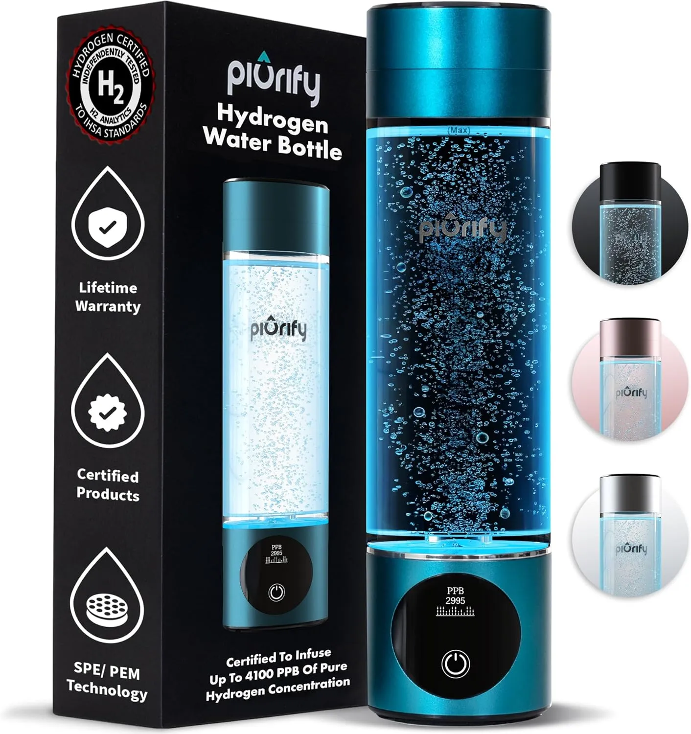 Hydrogen Water Bottle Generator - Up to 4100+ PPB Concentration - SPE,PEM Technology - Certified H2 Generator - Portable Athletic Performance & Hydration System - 6-Hour Hydrogen Retention